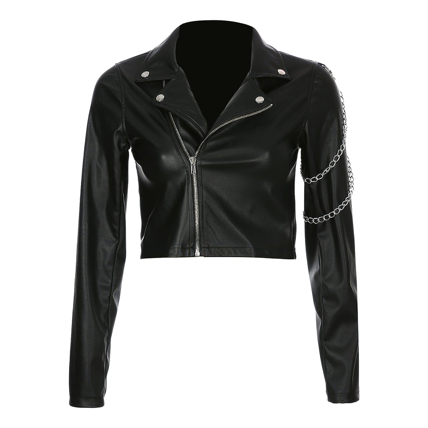 Women’s Black Biker Genuine Sheepskin Lapel Collar Café Racer Classic Slim Fit Epaulet Chain Asymmetric Punk Leather Jacket