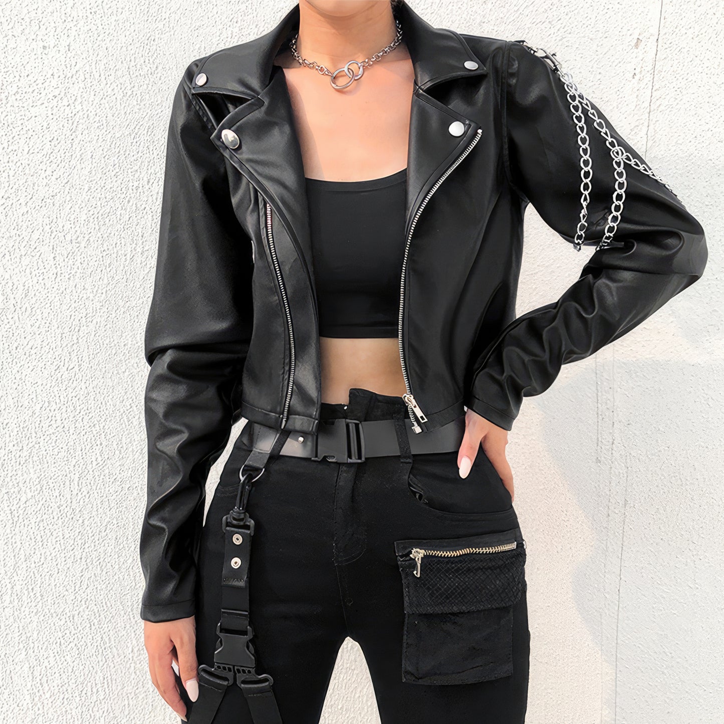Women’s Black Biker Genuine Sheepskin Lapel Collar Café Racer Classic Slim Fit Epaulet Chain Asymmetric Punk Leather Jacket