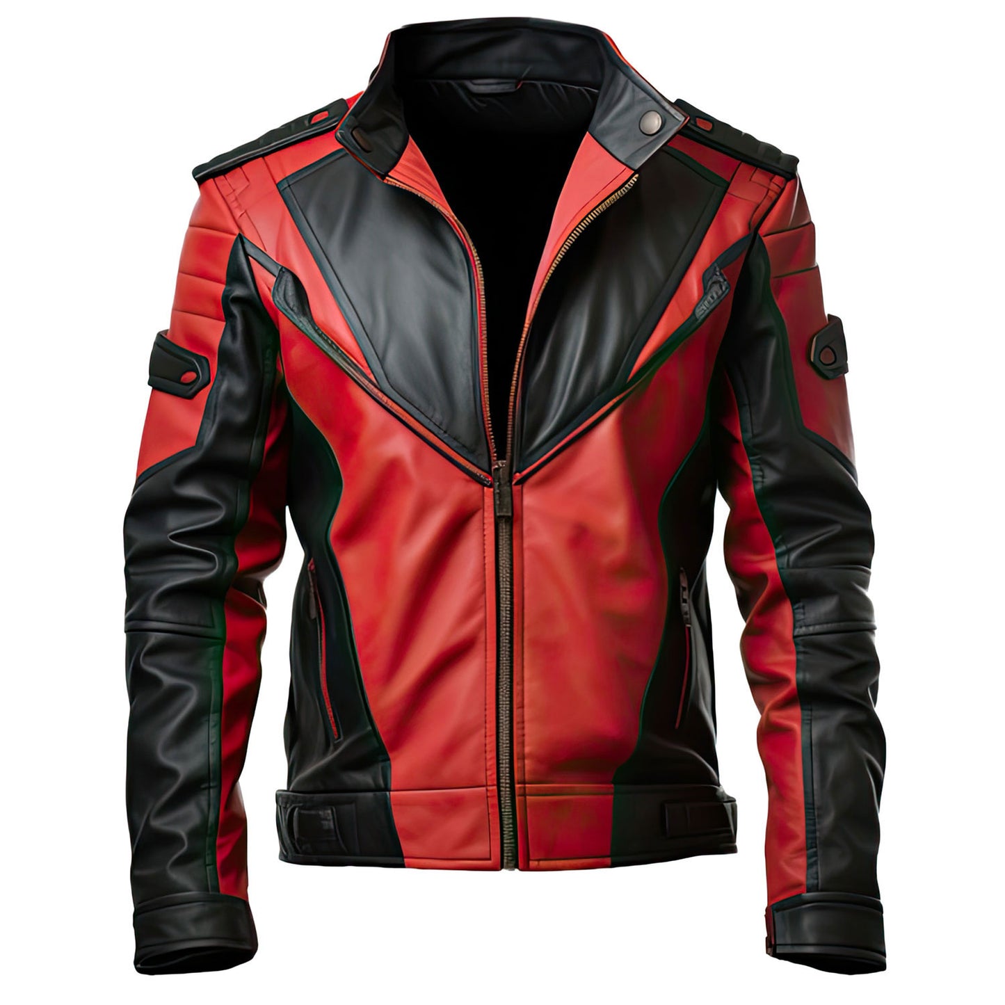 Men’s Black Red Genuine Sheepskin Stand Collar Moto Biker Classy Smooth Casual Café Racer Zip-Up Leather Jacket