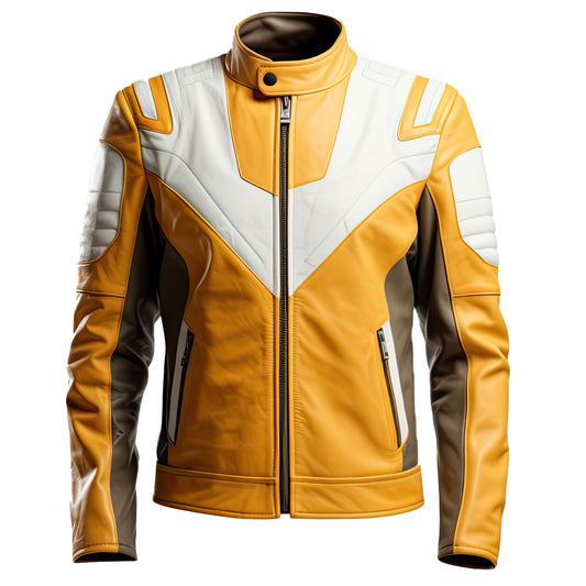 Men’s Mustard Yellow White Genuine Sheepskin Stand Collar Classy Smooth Lightweight Zip-Up Multicolor Leather Jacket