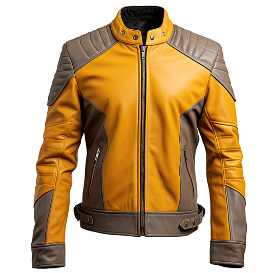 Men’s Warm Grey Mustard Genuine Sheepskin Moto Stand Collar Zip-up Racing Soft Biker Quilted Leather Jacket