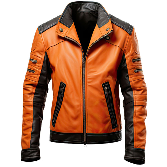 Men’s Orange Black Genuine Sheepskin Biker Outfit Stand Collar Warm Zip-up Elegant Lightweight Rider Unique Style Leather Jacket