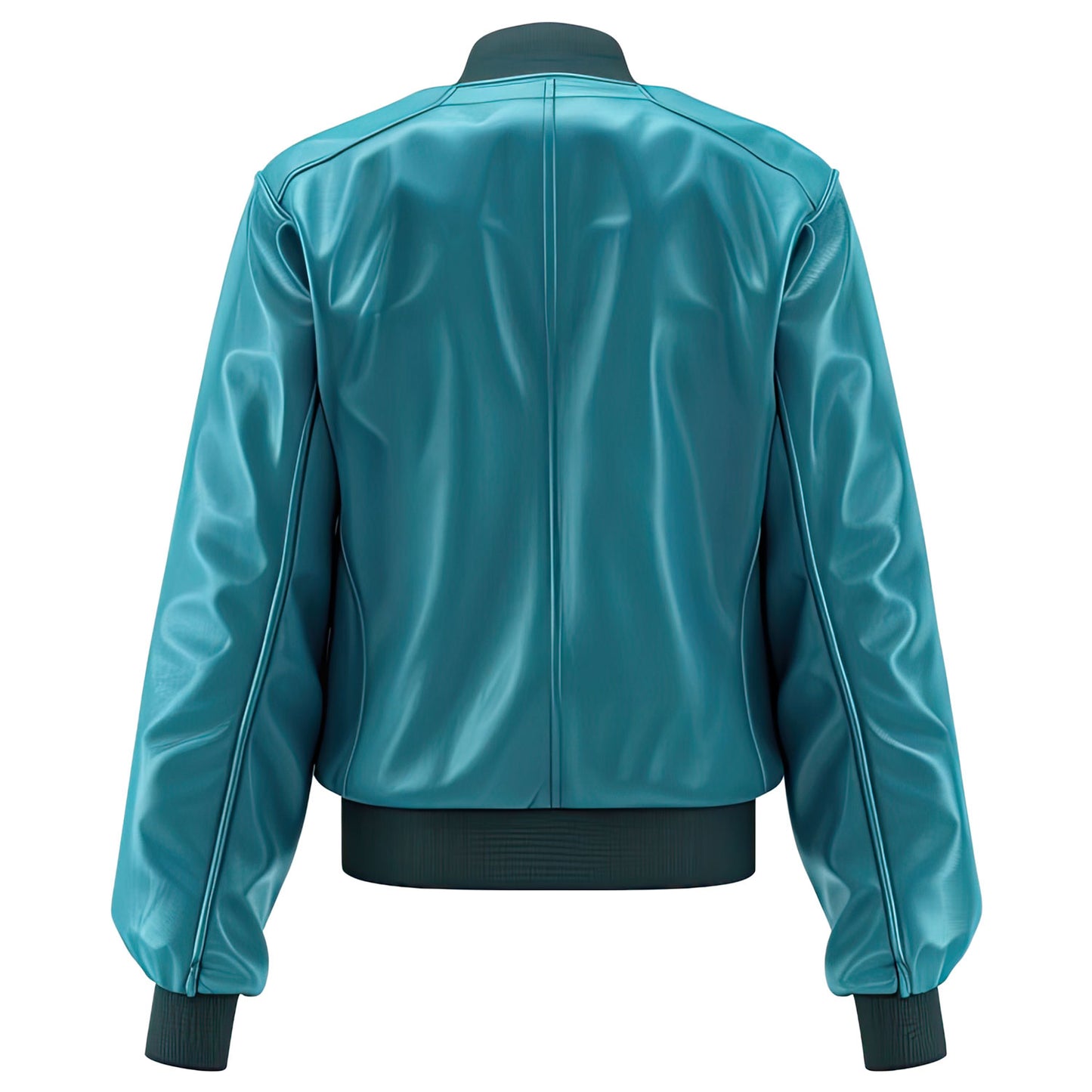 Women’s Turquoise Blue Genuine Sheepskin Fashionable Sporty Baseball Collar Casual Outfit Zip-up Lightweight Rib Knit Bomber Leather Jacket