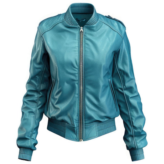 Women’s Turquoise Blue Genuine Sheepskin Baseball Collar Stylish Sportswear Sleek Rib Knit Soft Zip-up Bomber Leather Jacket