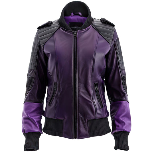 Women’s Purple Black Genuine Sheepskin Elegant Baseball Collar Rib Knitted Sleek Comfortable Zip-up Sports Bomber Leather Jacket