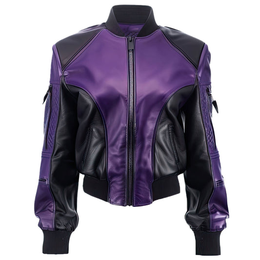 Women’s Purple Black Genuine Sheepskin Stylish Baseball Collar Streetwear Rib Knit Lightweight Zip-up Soft Bomber Leather Jacket
