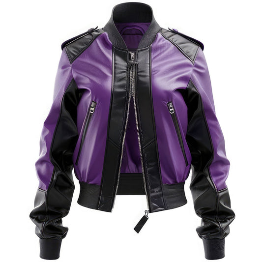 Women’s Purple Black Genuine Sheepskin Slim-fit Casual Outfit Baseball Collar Rib Knit Fashionable Sporty Bomber Leather Jacket