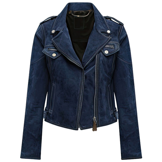 Women’s Navy Blue Genuine Suede Biker Lapel Collar Elegant Autumn Casual Smooth Zip-up Lightweight Trucker Leather Jacket
